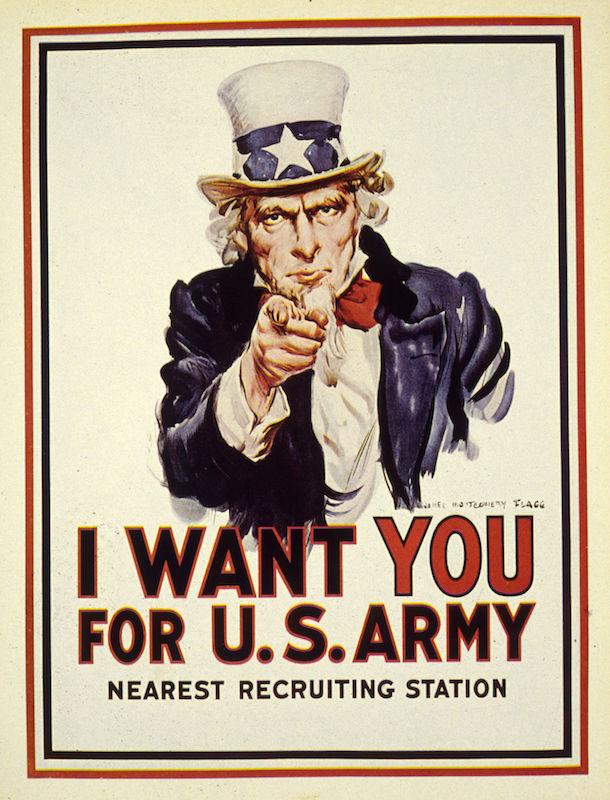 Uncle Sam points an accusing finger of moral responsibility in a recruitment poster for the American forces during World War I.    (Photo by MPI/Getty Images)